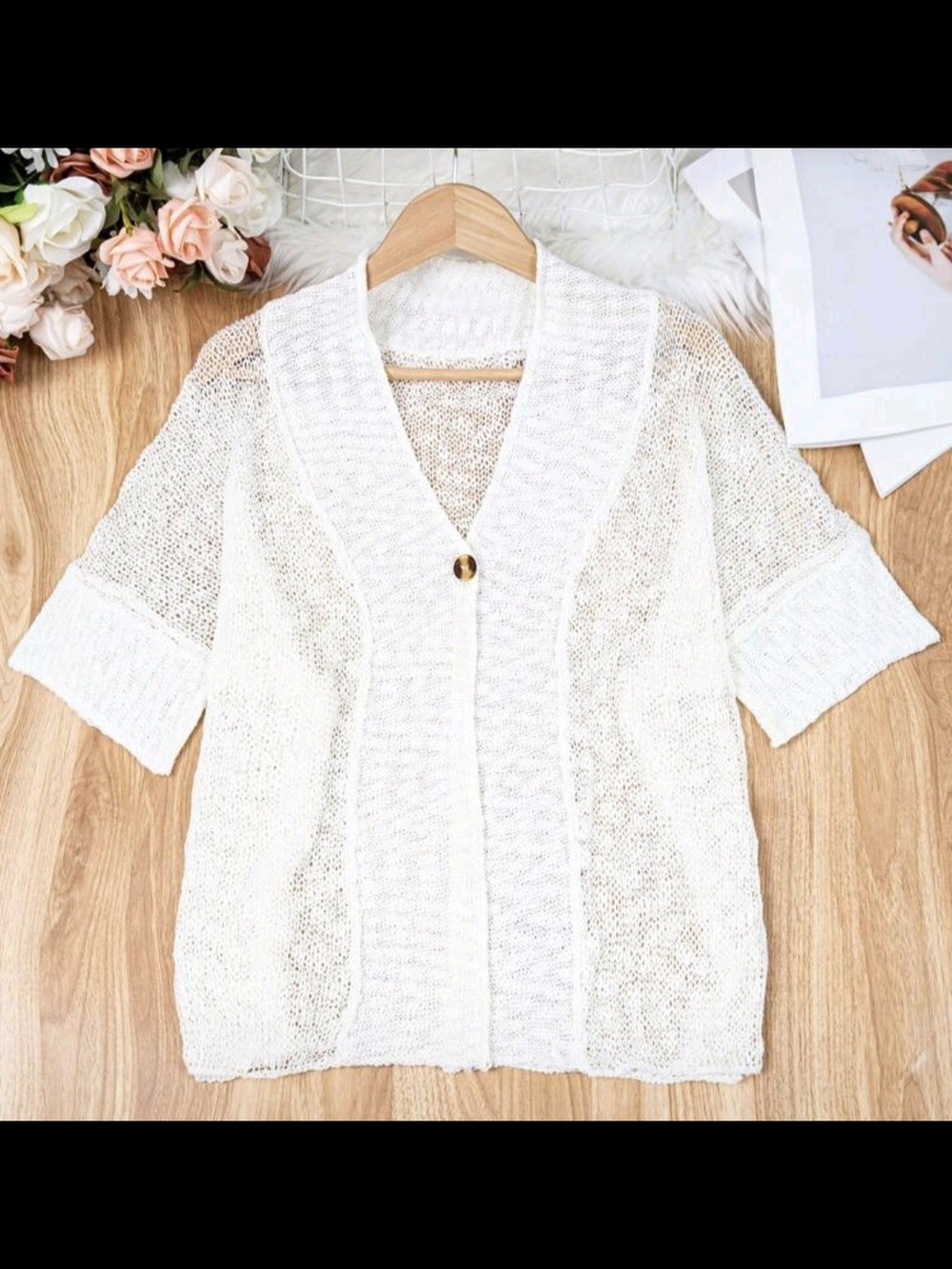 Women's Plus Size Lightweight White Open-Knit Button Sweater